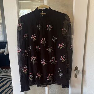 Sundance Black Sheer Floral Embroidered Long-Sleeve Top